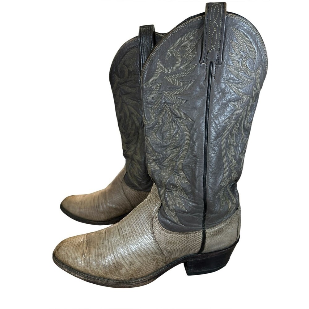 Dan Post Lizard Skin Cowboy Boots Mens 10D Gray Black Exotic Western USA Vintage
